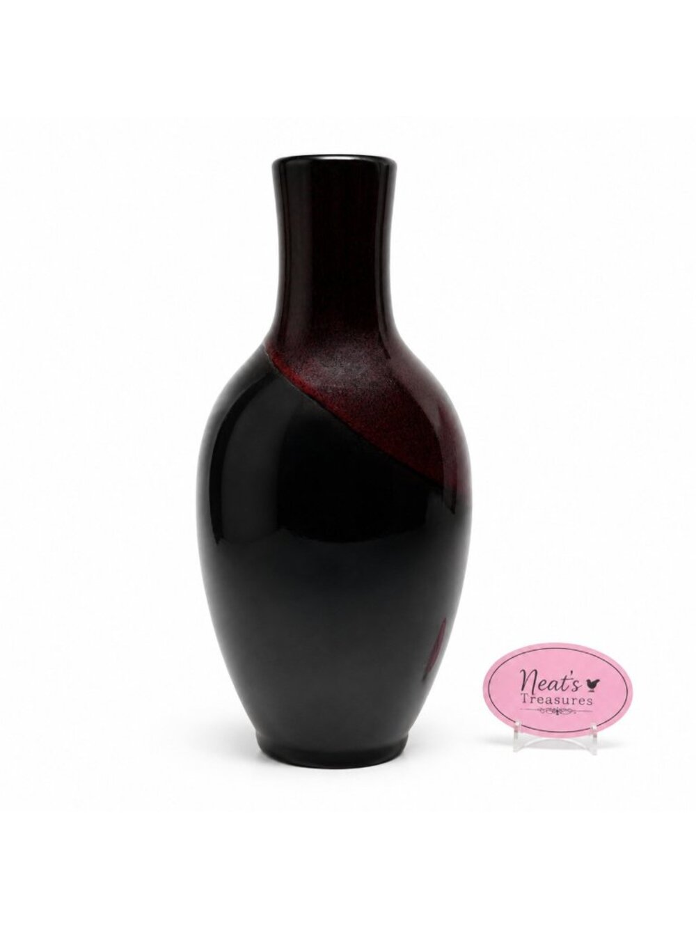 Vintage Hosley TM Potteries Art Ceramic Maroon & Black 14.5" Tall Glossy Vase